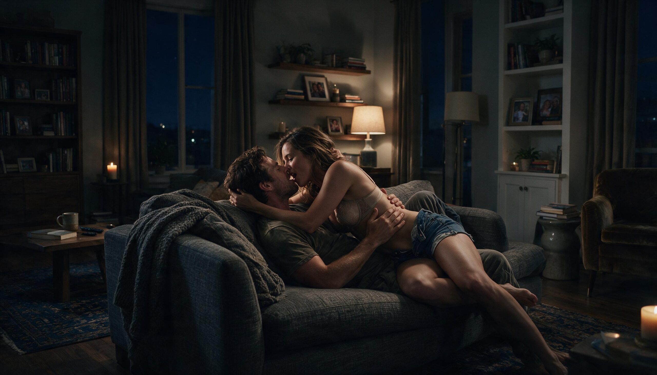 Reclaim & Reconnect | Hotwife Games Couple embracing and kissing on a couch during an intimate moment of reconnection
