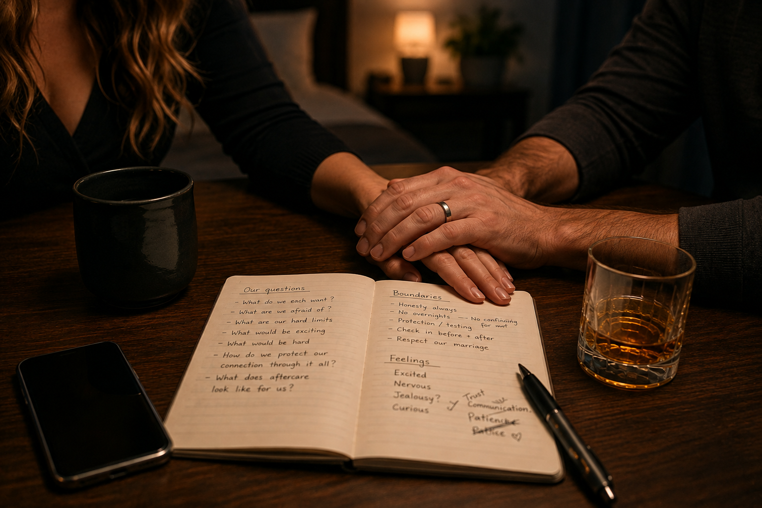 Married couple holding hands over a notebook while discussing trust, boundaries, and hotwifing.